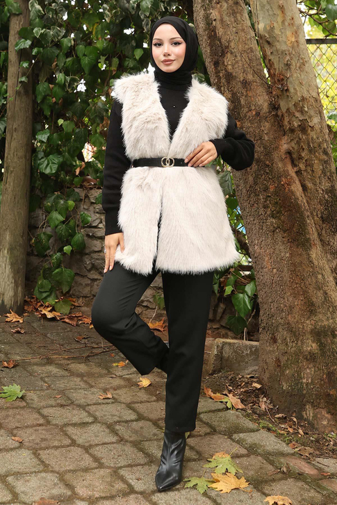 Kemerli Kürklü Yelek Beyaz 19372