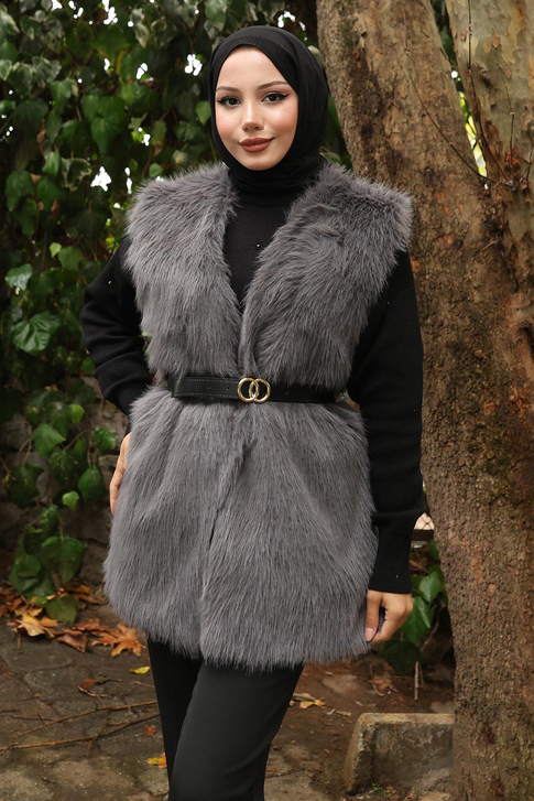 Kemerli Kürklü Yelek Gri 19372