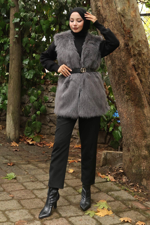 Kemerli Kürklü Yelek Gri 19372