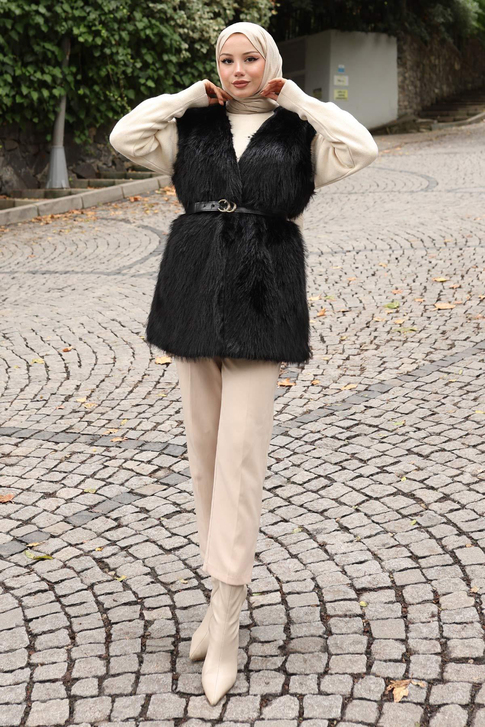 Kemerli Kürklü Yelek Siyah 19372