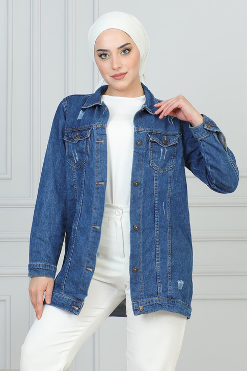 Lazer Detaylı Kot Ceket Mavi 6097