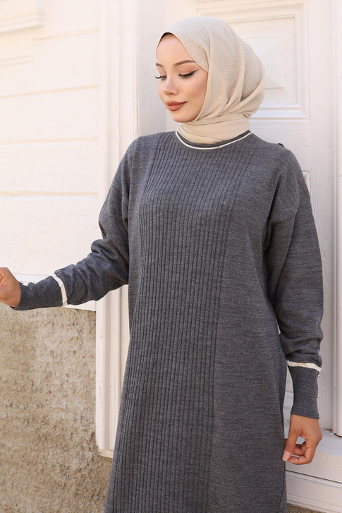 Manşeti Taş Detaylı Triko Elbise Gri 6150