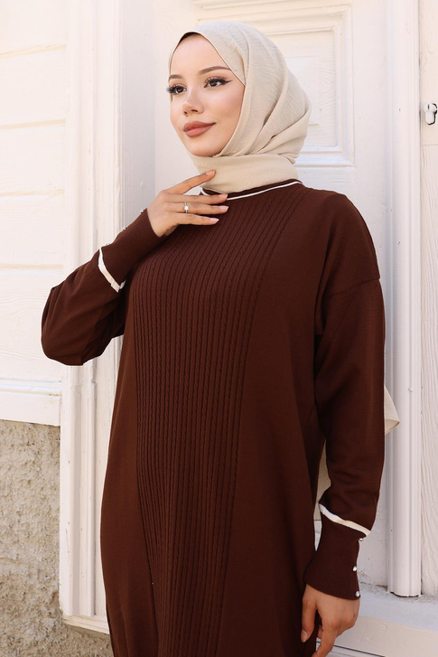 Manşeti Taş Detaylı Triko Elbise Kahverengi 6150