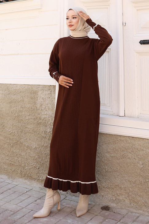 Manşeti Taş Detaylı Triko Elbise Kahverengi 6150