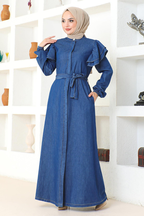 Omuzu Fırfırlı Düğmeli Ferace Koyu Mavi 19204