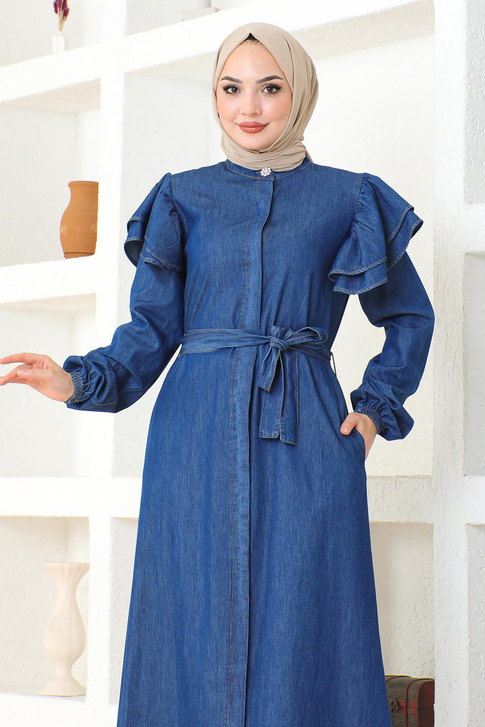 Omuzu Fırfırlı Düğmeli Ferace Koyu Mavi 19204