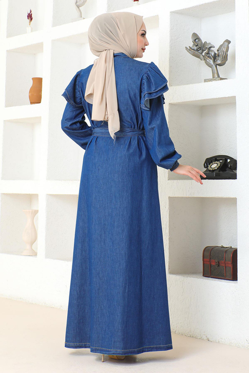 Omuzu Fırfırlı Düğmeli Ferace Koyu Mavi 19204
