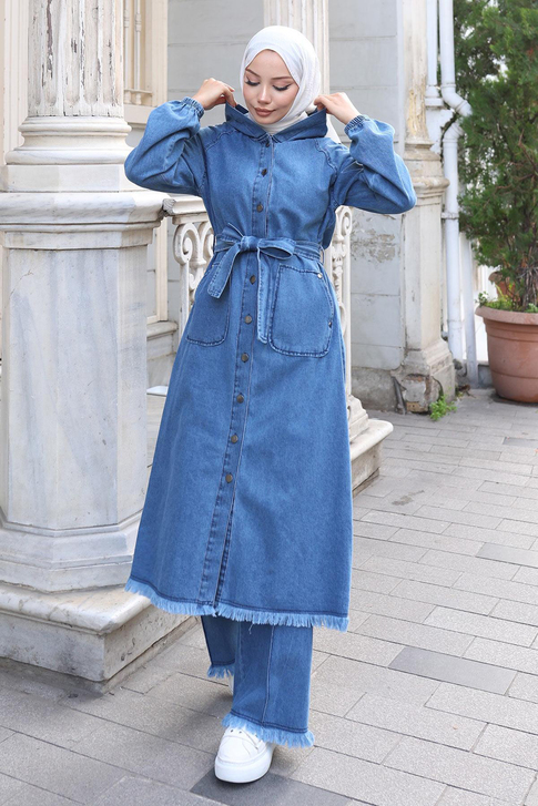 Püskül Detaylı Kot Takım Açık Mavi 19375