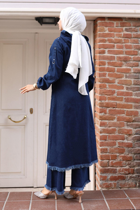 Püskül Detaylı Kot Takım Koyu Mavi 19243