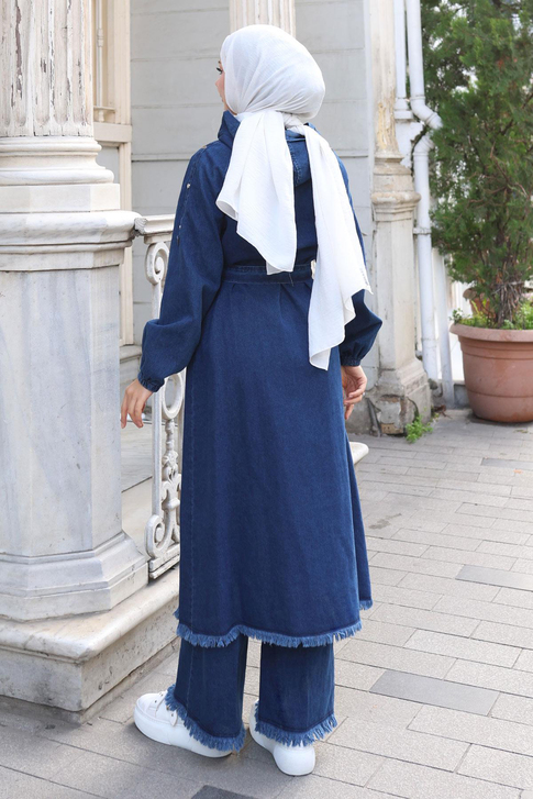 Püskül Detaylı Kot Takım Koyu Mavi 19375