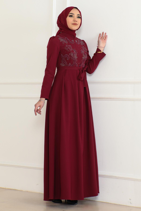 Taş Detaylı Elbise Bordo 6134