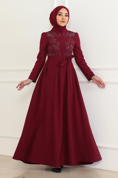 Taş Detaylı Elbise Bordo 6134