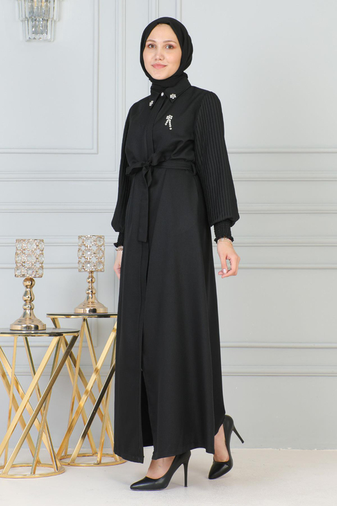 Taş Detaylı Fermuarlı Ferace Siyah 19208