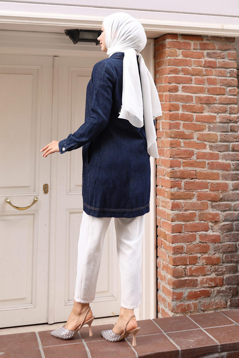 Taş Detaylı Kot Gömlek Koyu Kot 19400