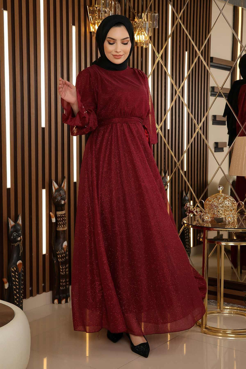 Taş Detaylı Simli Şifon Abiye Bordo 19113