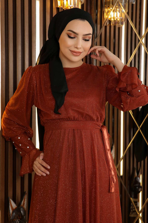 Taş Detaylı Simli Şifon Abiye Kiremit 19113