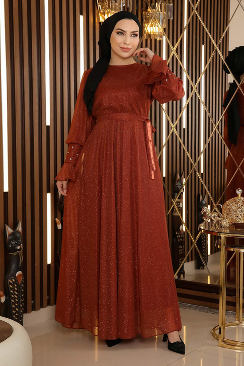 Taş Detaylı Simli Şifon Abiye Kiremit 19113