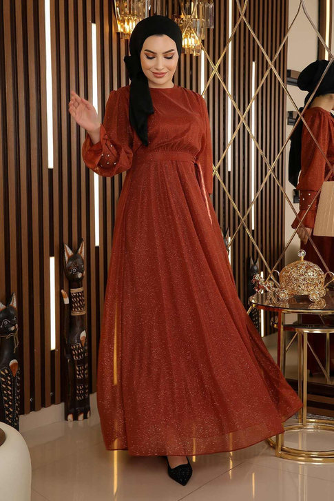 Taş Detaylı Simli Şifon Abiye Kiremit 19113