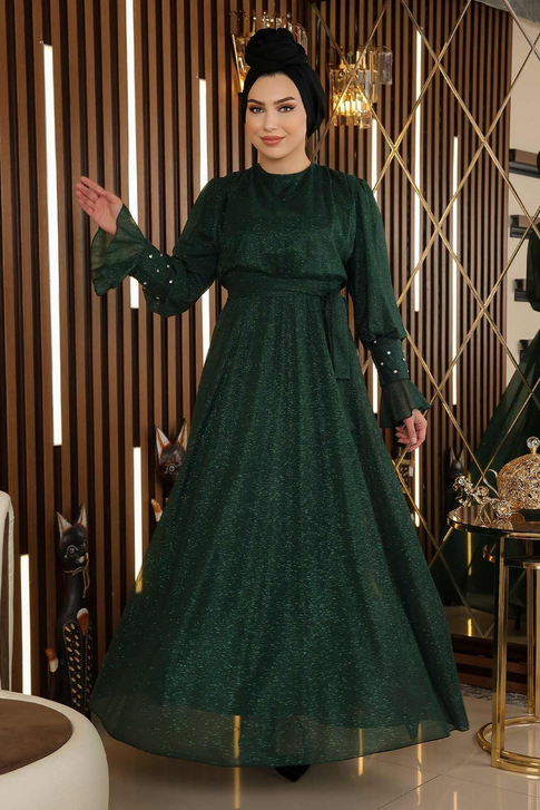 Taş Detaylı Simli Şifon Abiye Zümrüt 19113