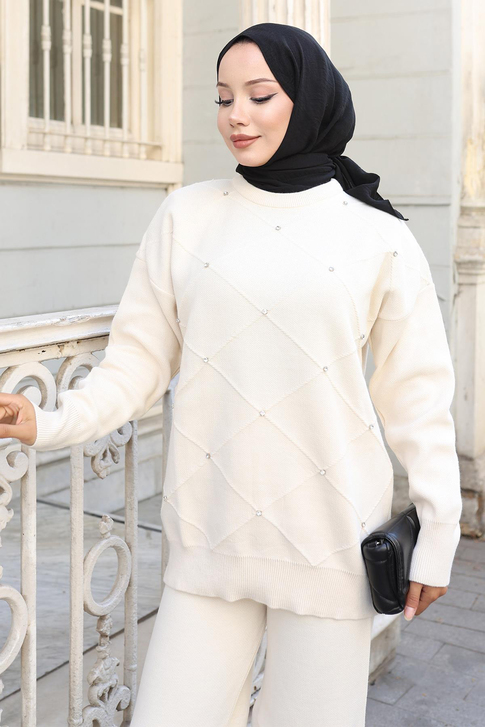 Taş Detaylı Triko Takım Beyaz 6148