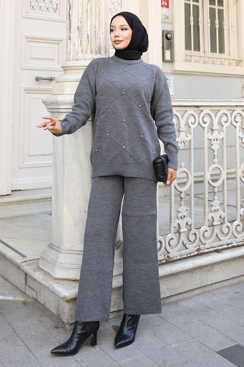 Taş Detaylı Triko Takım Gri 6148