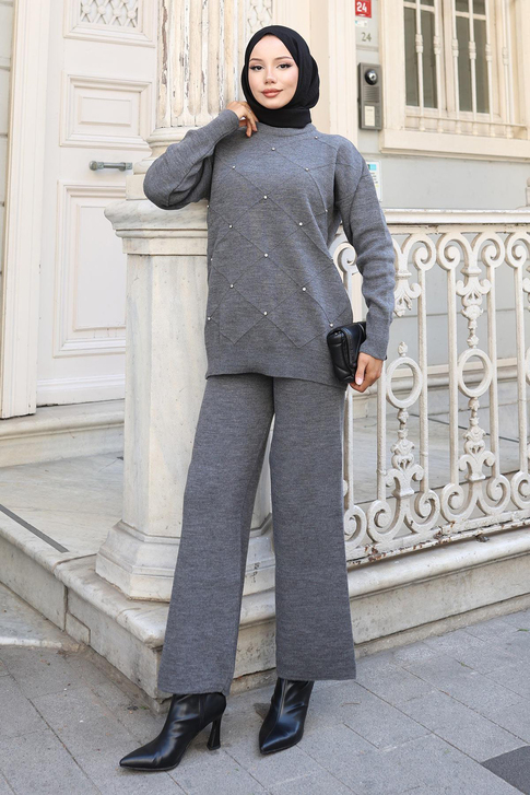 Taş Detaylı Triko Takım Gri 6148