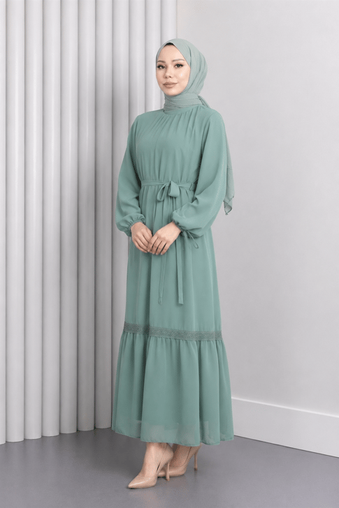 Dantel Detaylı Şifon Elbise Mint 19143