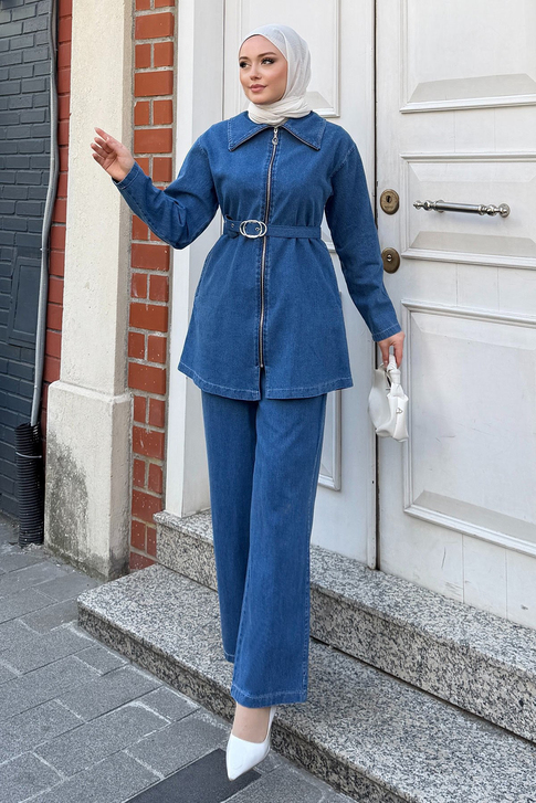 Kemer Detaylı Fermuarlı Denim Takım Açık Mavi 19298