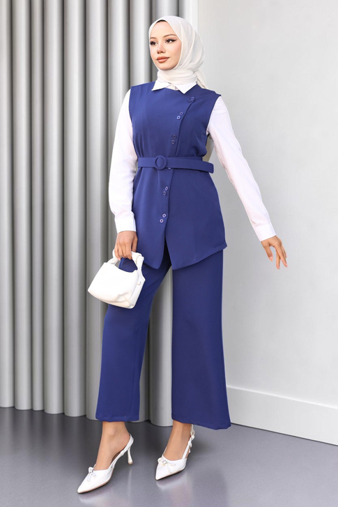 Kemerli Yelek Pantolon Takım İndigo 19250