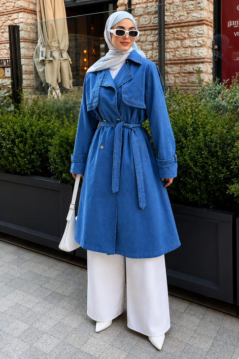Kuşak Detaylı Denim Trençkot Açık Mavi 19320
