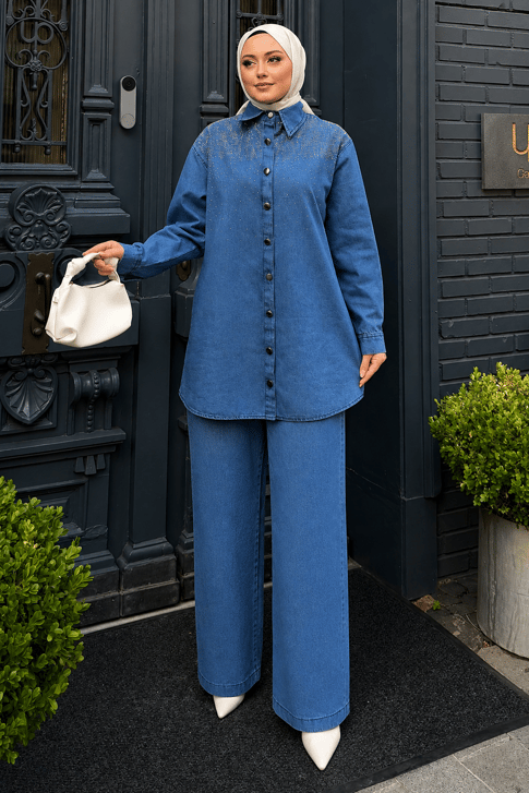 Luna Taş İşlemeli Denim Takım Açık Mavi 19401