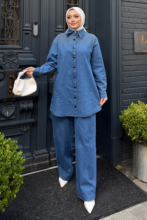 Luna Taş İşlemeli Denim Takım Açık Mavi 19401
