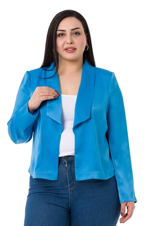 Plus Size Shawl Collar Unlined Short Satin Turquoise Jacket