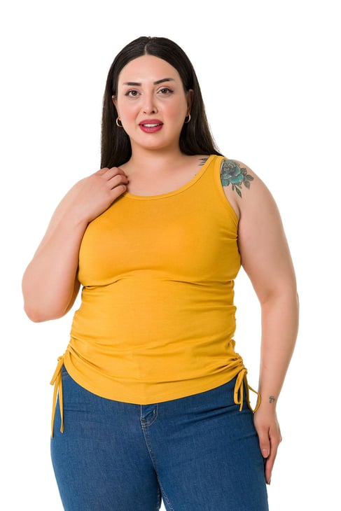 Büyük Beden Kalın Askılı Yanları Tünelli Viskon Hardal Body
