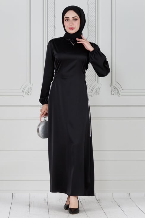 Satin evening dress - with straps studded with  stones-black