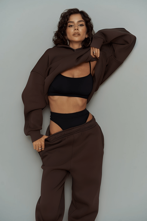 Kadın Oversize 3 İplik Kahverengi Şardonlu Eşofman Takımı