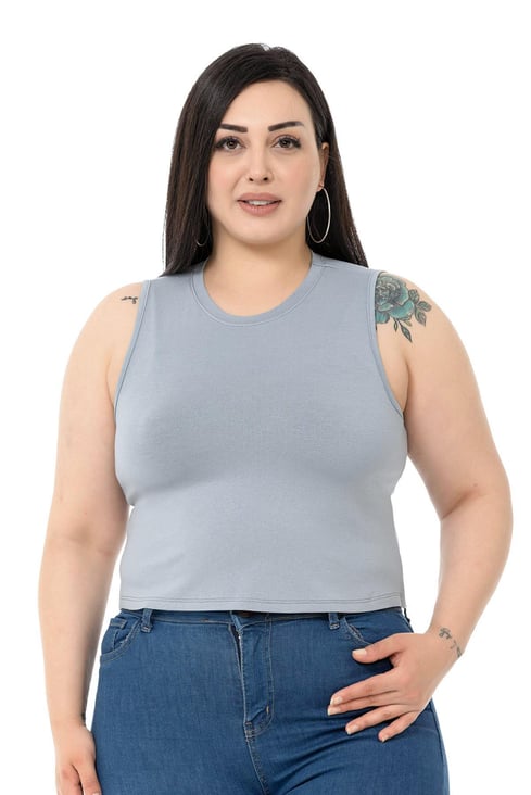 Büyük Beden Bisiklet Yaka Kolsuz Crop Viskon Açık Gri Body