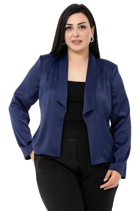 Plus Size Shawl Collar Unlined Short Satin Navy Blue Jacket