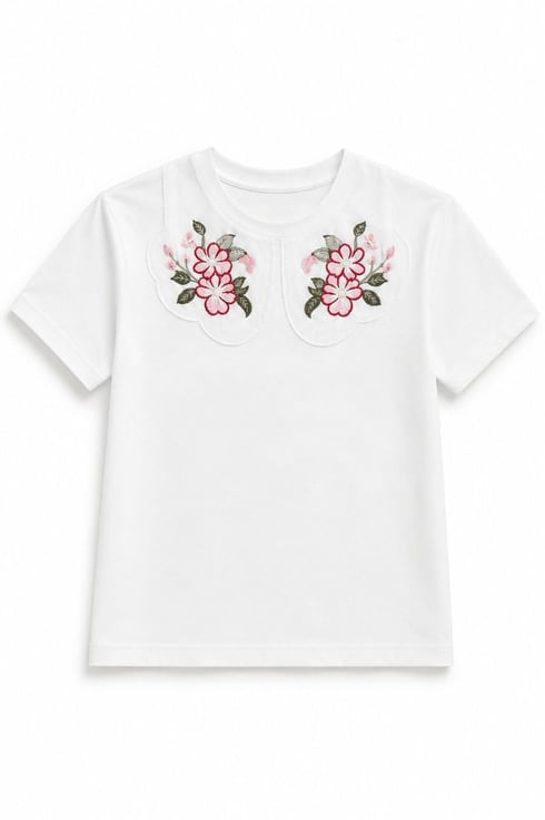 Bebe Yakalı Çiçek İşlemeli T-shirt Ekru