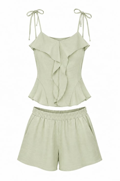 Bolivya Önü Fırfırlı Şortlu Takım Yeşil
