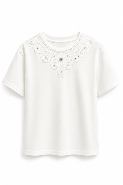 Boncuklu Dantel Yakalı T-shirt Ekru