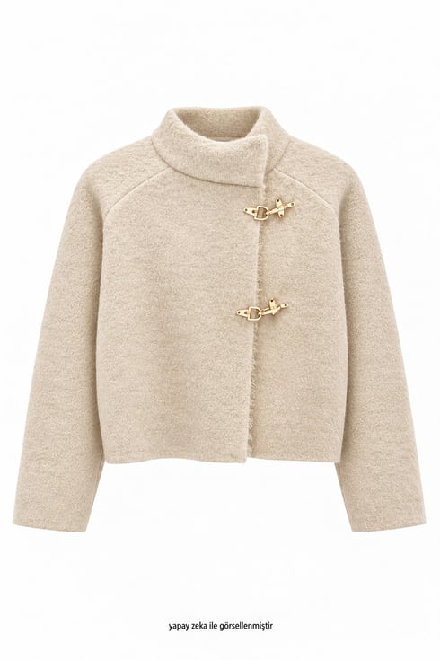 Boucle Yandan Gold Kancalı Triko Hırka Bej