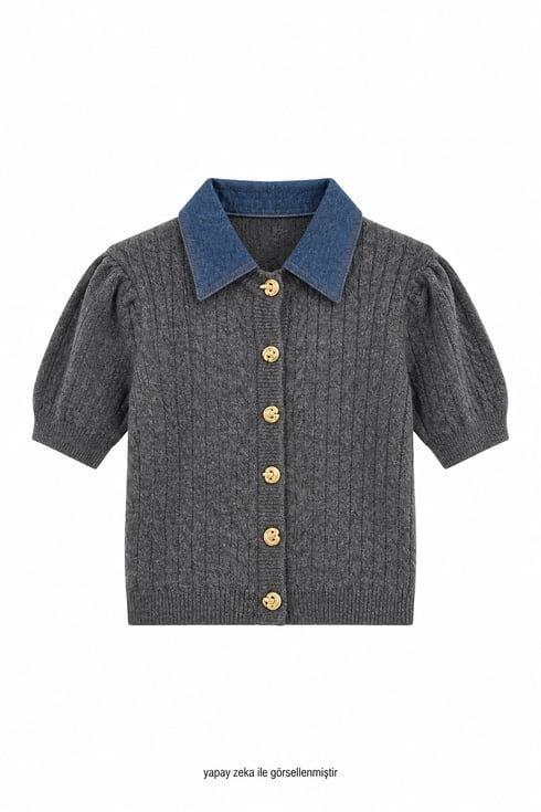 Denim Yakalı Triko Gri