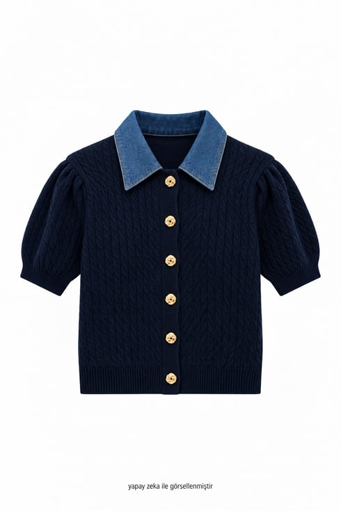 Denim Yakalı Triko Lacivert