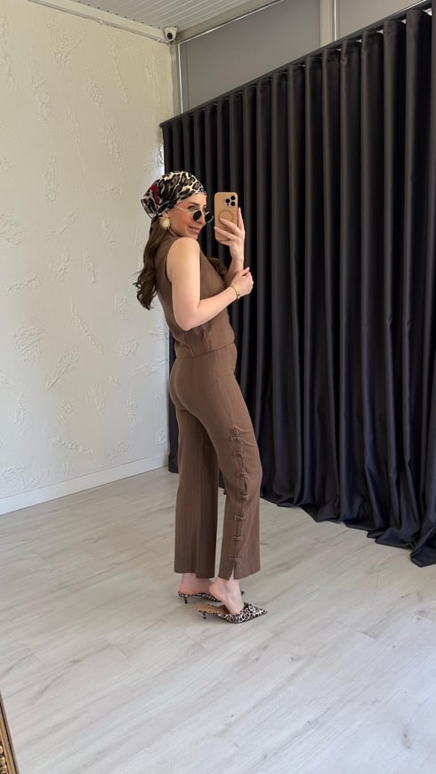 Düğme Detaylı Takım Kahverengi