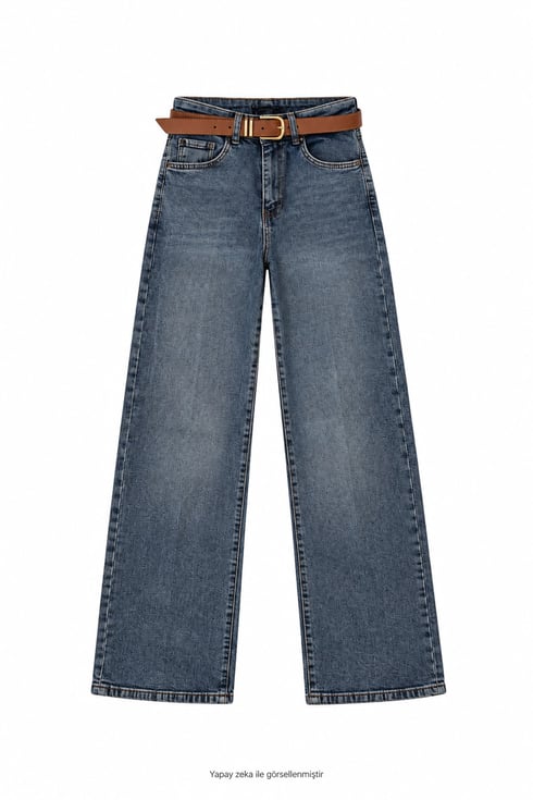 Düz Paça Taba Kemerli Jean Mavi
