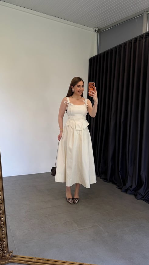Gabardin Midi Etek Ekru