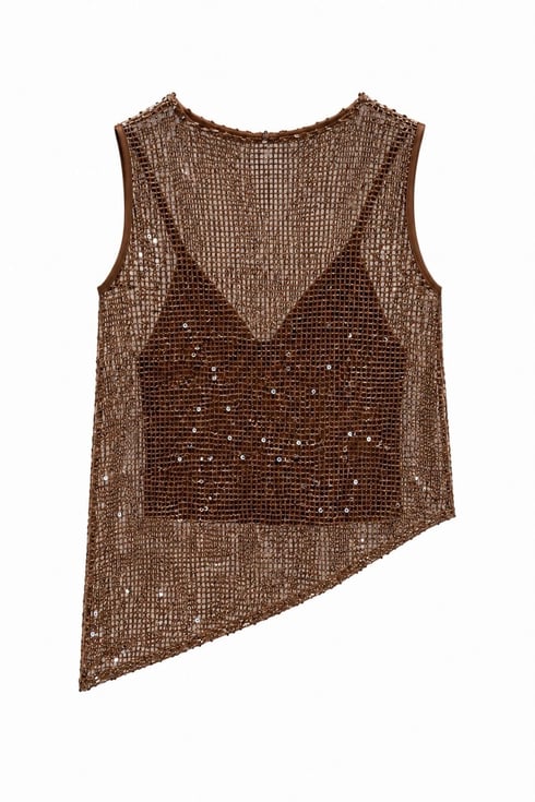İçi Askılı Astarlı Payetli Bluz Kahverengi