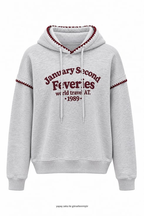 January Bordo Nakışlı Kapişonlu Sweatshirt Gri