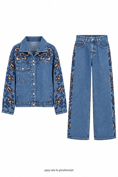 Kanaviçe İşlemeli Denim Takım Mavi